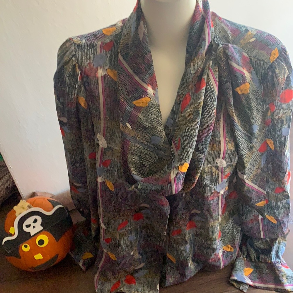 ALEXANDRIA FALL LEAVES PRINT SEMI SHEER BLOUSE SZ 8